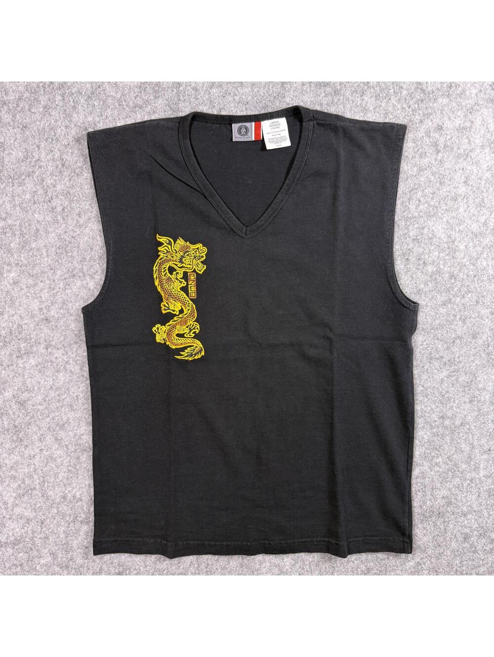 Black Sleeveless V-Neck T-Shirt Muscle Tank Gold Dragon Graphic L(14/16)